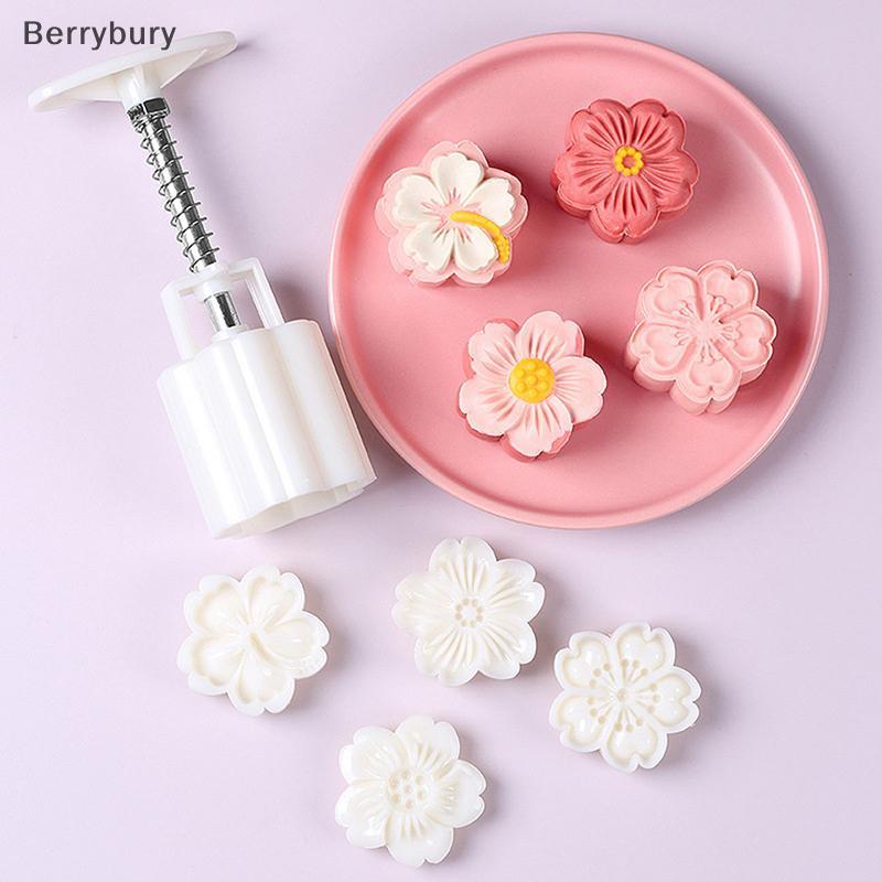 Berrybury 4 ชิ้น/เซ็ต Mooncake แม่พิมพ์ Cherry Blossom ดอกไม้ Sakura รูปแบบแสตมป์มือกดแม่พิมพ์ Plungers Pastry เครื่องมือใหม่