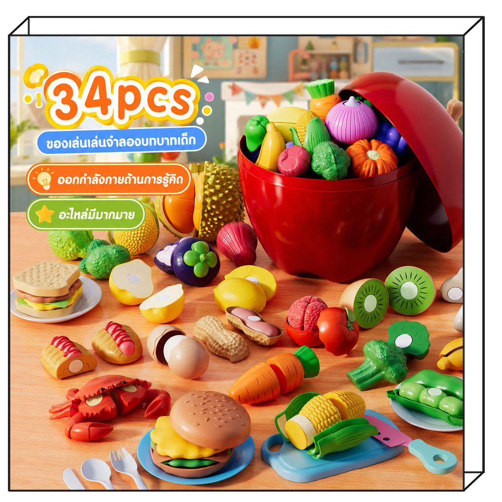34 ชิ้น (+ ตะกร้า)ของเล่นผักผลไม้หั่นได้ ชุดครัว ของเล่นอาหาร ของเล่นบทบาทสมมติ