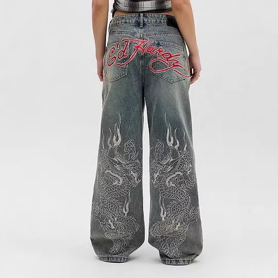 Street Wear EdHardy American Retro Pattern พิมพ์ล้าง Distressed Straight กางเกงยีนส์ผู้หญิง y2k