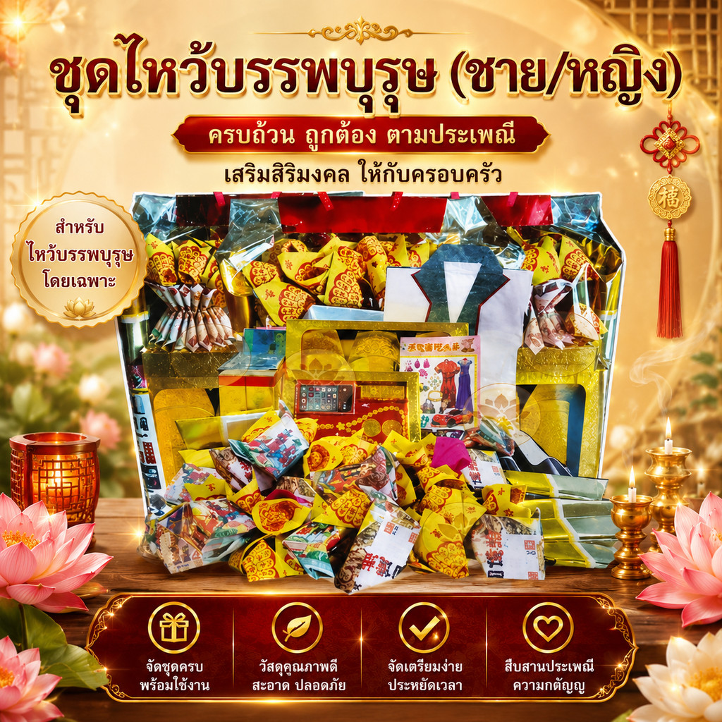 ชุดไหว้บรรพบุรุษ ไหว้ผีไม่มีญาติ ไหว้สารทจีน วันครบรอบเสีย เช็งเม้ง ตรุษจีน กงเต็ก ไหว้บรรพบุรุษ