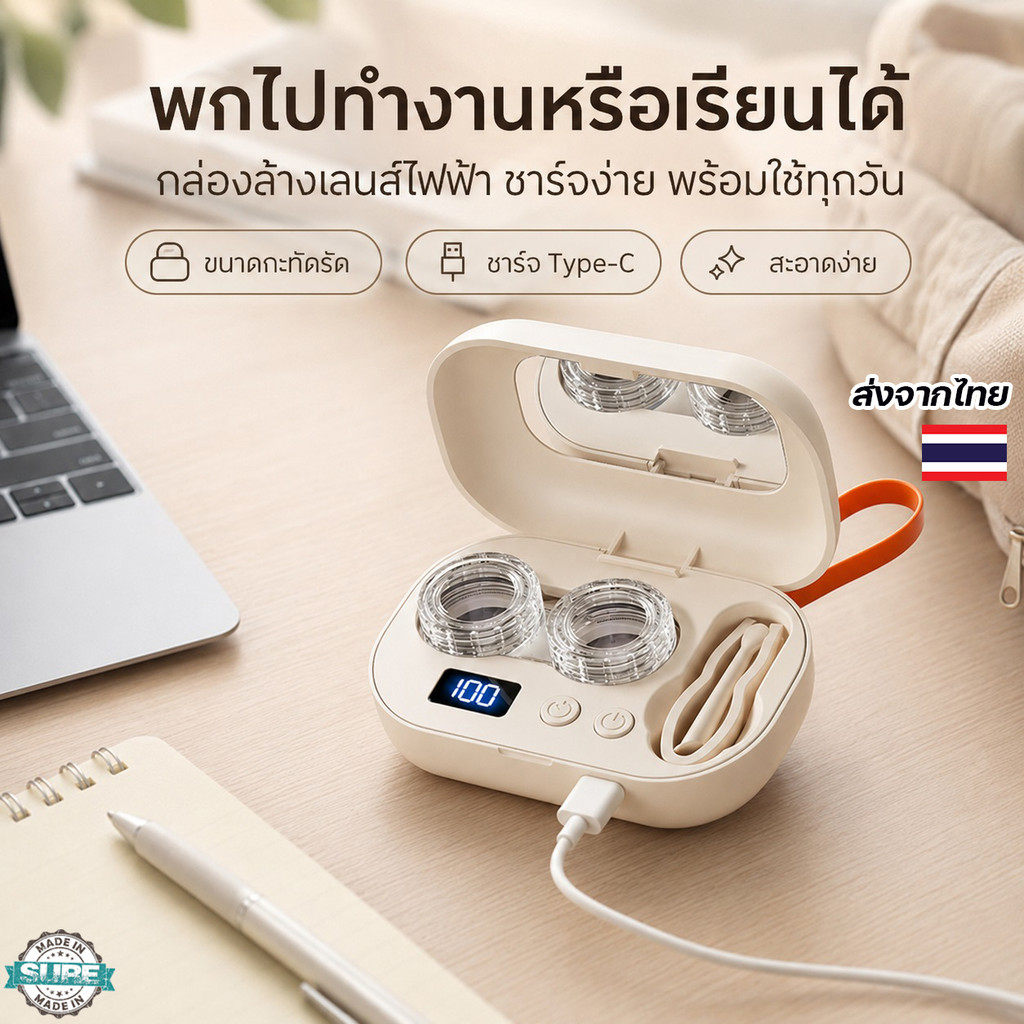 ตลับคอนแทคเลนส์ไฟฟ้า เครื่องล้างเลนส์พกพา ชาร์จ USB มีหน้าจอแสดงเวลา เหมาะกับผู้ใช้คอนแทคเลนส์