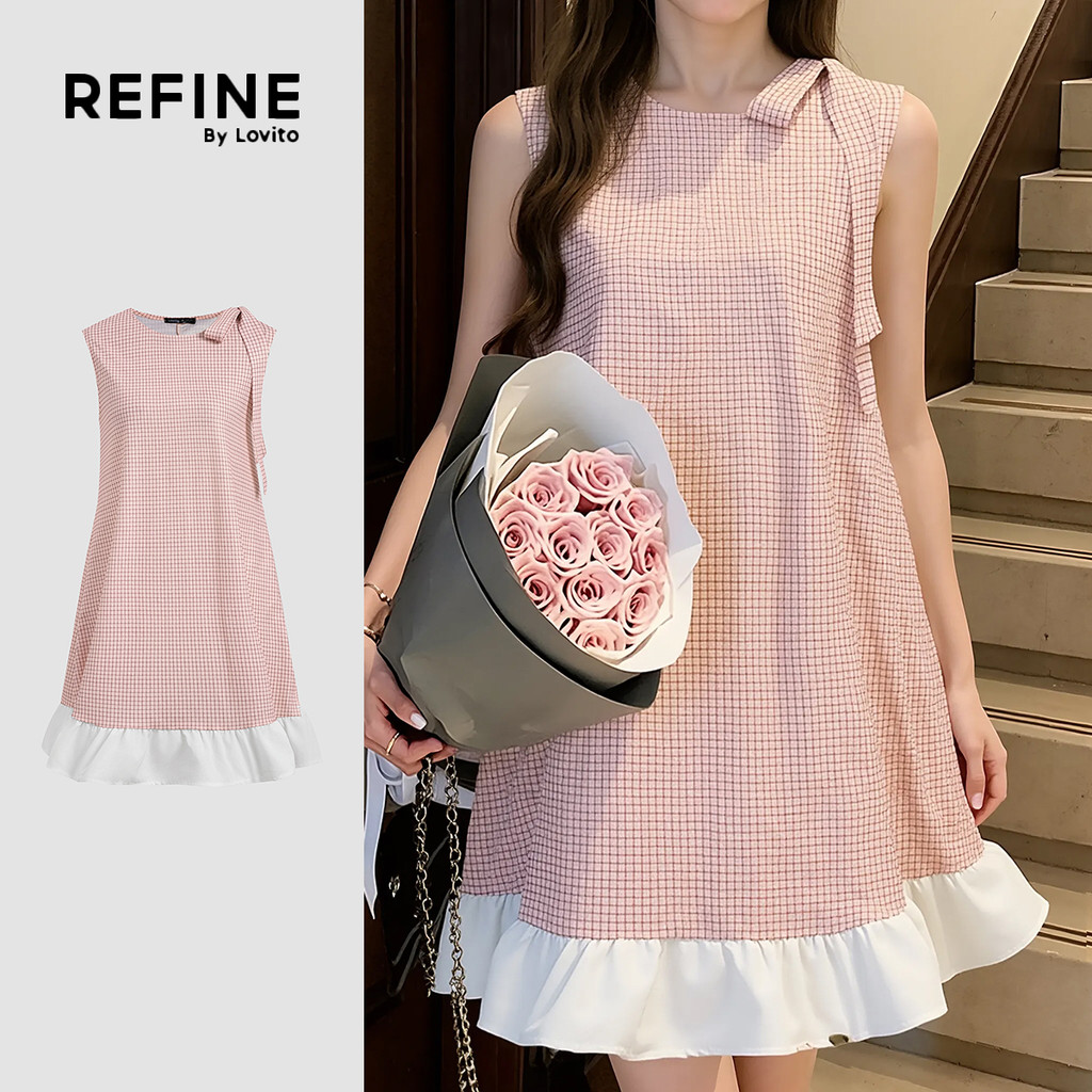 (Refine by Lovito) เดรสสีชมพูแบบลําลอง ผูกด้านหน้า มีลวดลายบล็อกสี สําหรับผู้หญิงในฤดูใบไม้ผลิ/ฤดูร้อน LR38E031