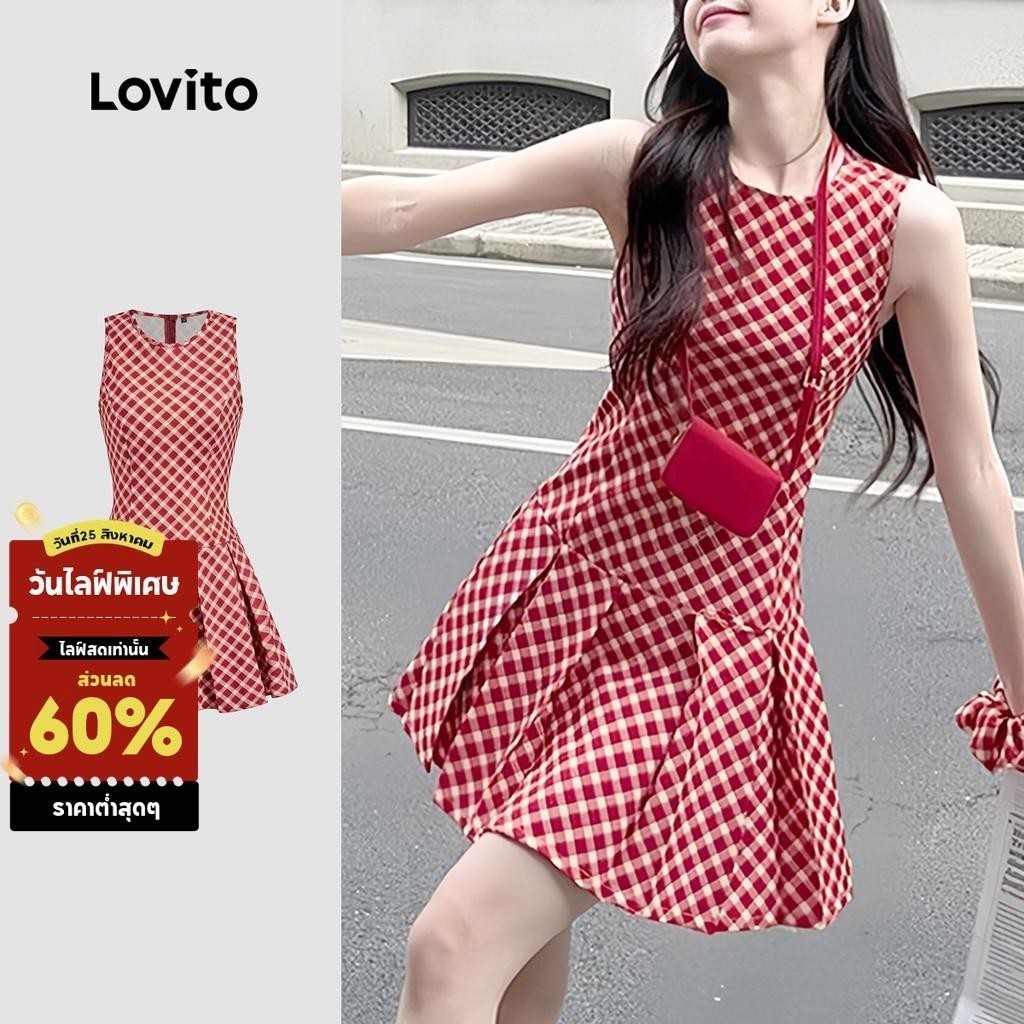 (New) Lovito ชุดเดรสลำลองทรงพลีทสำหรับฤดูใบไม้ผลิ/ฤดูร้อน สีแดง สำหรับผู้หญิง L144AD038