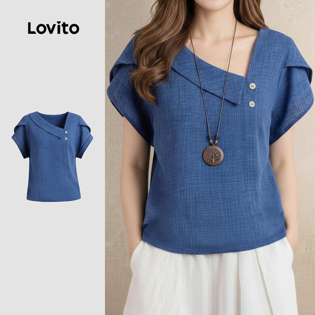 Lovito เสื้อเบลาส์ผู้หญิงสีน้ําเงินแบบ กระดุมเก๋ไก๋ เหมาะสําหรับฤดูใบไม้ผลิ/ฤดูร้อน L34LD036