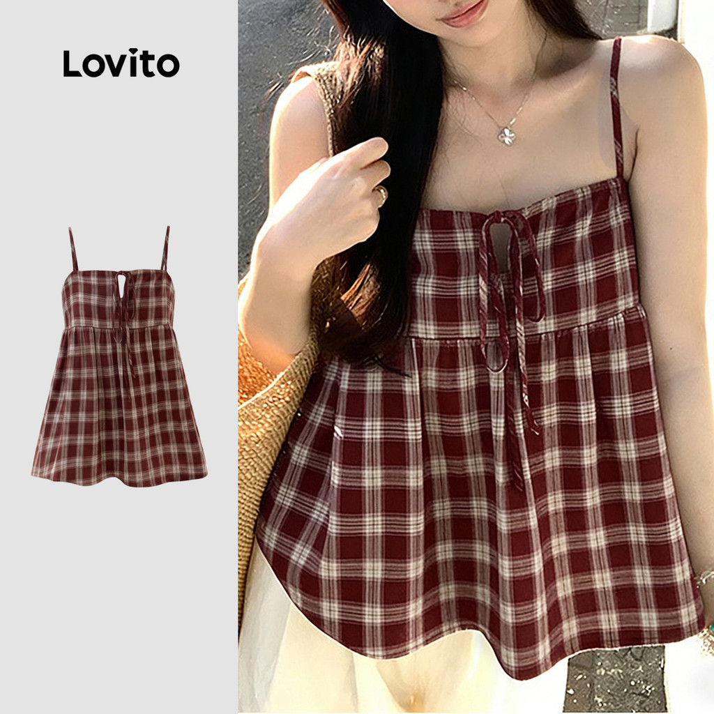 Lovito เสื้อเบลาส์ลําลองผูกหน้าชายระบายสําหรับผู้หญิง เหมาะสําหรับฤดูใบไม้ผลิ/ฤดูร้อน LK6ED143