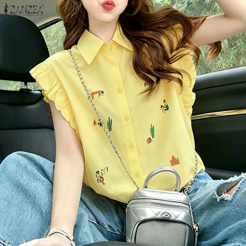 ZANZEA ใส่ ซานเซีย ผู้หญิงเกาหลีฤดูร้อนหวานปกนัวเนียแขนการ์ตูนพิมพ์ปุ่มขึ้นวันหยุดเสื้อลําลอง — صورة 5