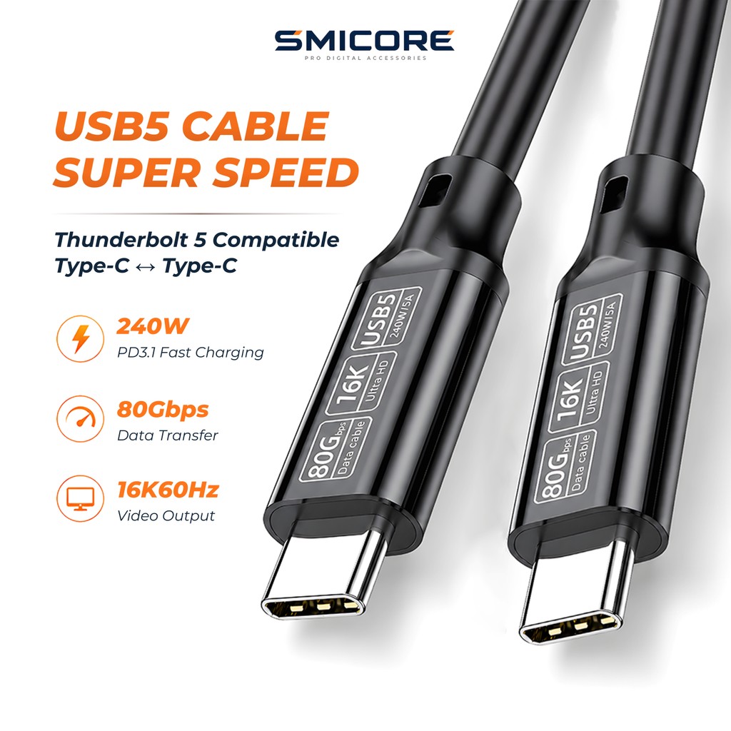 สาย USB5 80Gbps Type-C to C PD 240W รองรับ 16K ใช้กับ Thunderbolt 5 USB4 โน้ตบุ๊ก SSD จอมอนิเตอร์ มือถือ