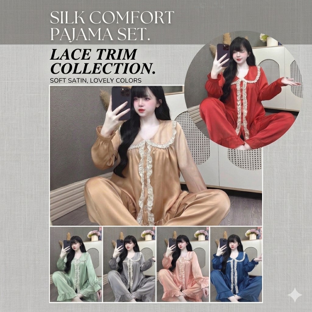 ชุดนอนผ้าไหมลาตินพรีเมี่ยม รวม10สี คอปกกระดุมหน้า แขนขายาว PAJ0003