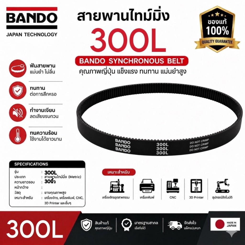 (ราคาต่อเส้น) สายพานไทม์มิ่ง BANDO 300L • จำนวนฟัน : 80ฟัน ความยาวรอบวง : 30นิ้ว จากญี่ปุ่น