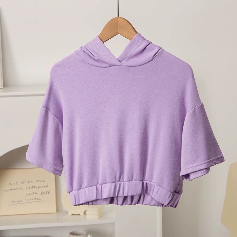 ผ้าม่านเรียบ~North American Hot Girl max * สีทึบ Hooded แขนสั้นหลวมเสื้อกันหนาวผู้หญิงกีฬาด้านบนต่าง