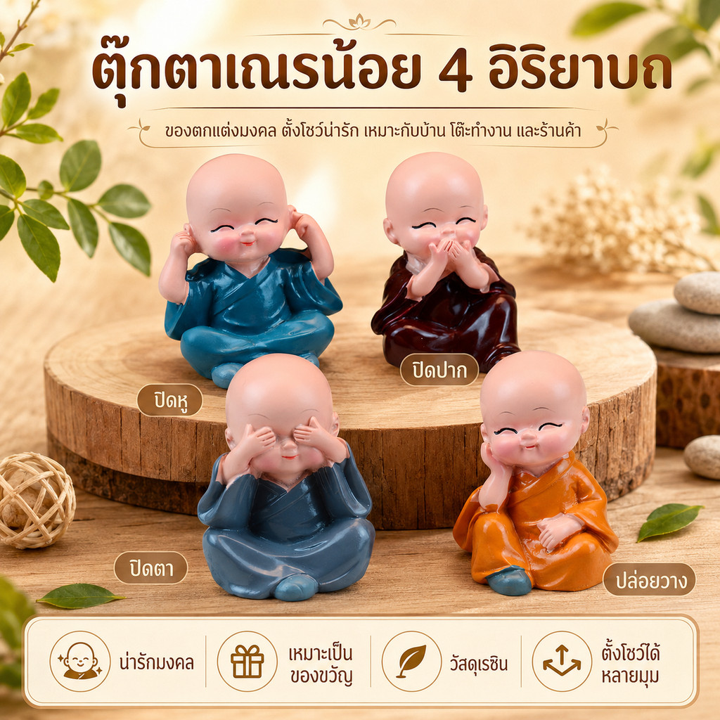 ตุ๊กตาเณรน้อย 4รูป 4อิริยาบถ ปล่อยวาง ประดับคอนโซลรถ แต่งร้านค้า ห้องรับแขก แต่งสวน กระถางต้นไม้ แต่งเค้ก