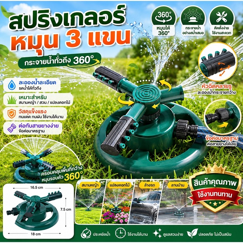 JIE HOME สปริงเกอร์ รดน้ำต้นไม้หมุนรอบทิศทาง 360 องศา แบบตั้งพื้น พร้อมหัวต่อพร้อมใช้งาน
