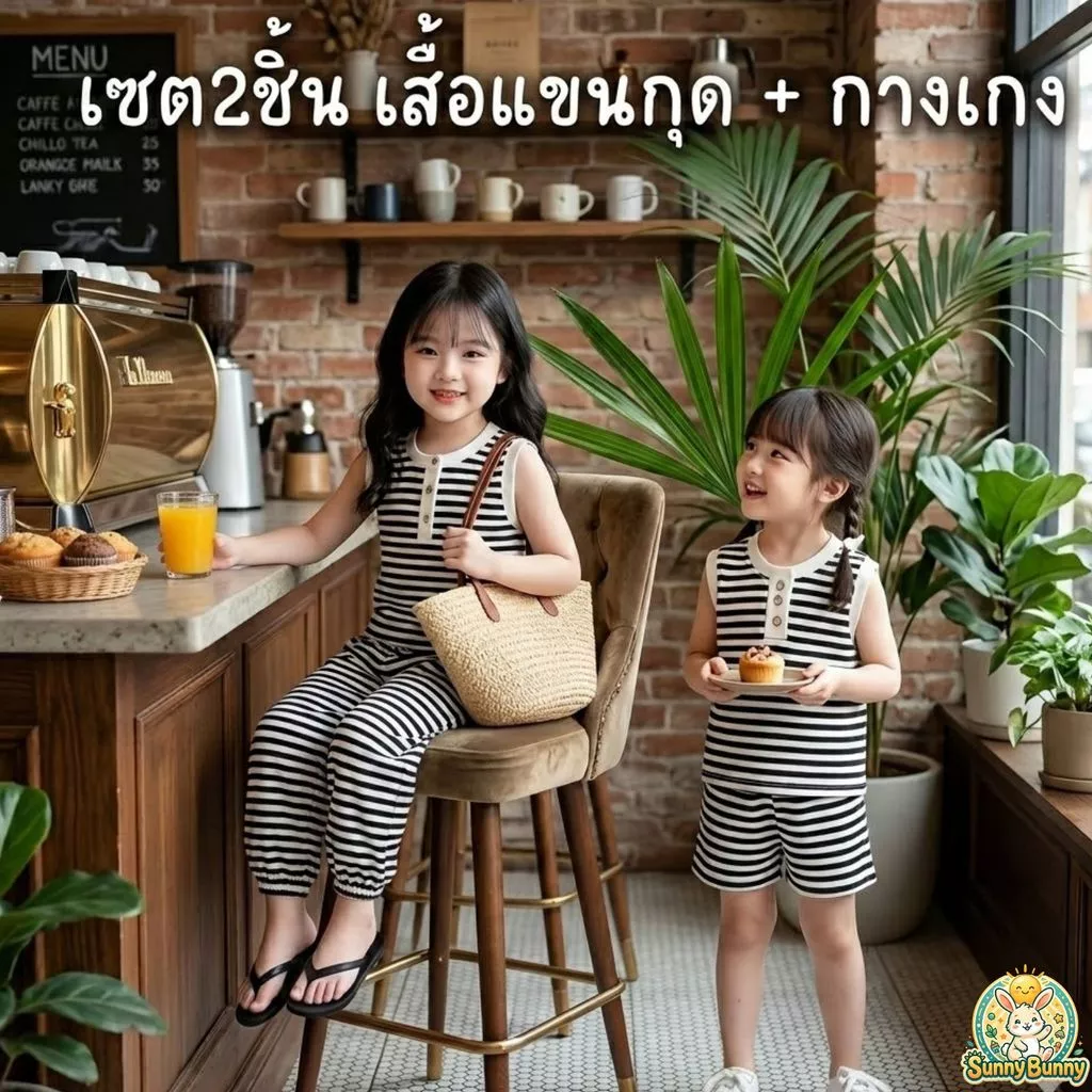 ใหม่พร้อมส่ง ชุดเซต เด็กหญิง แขนกุด กางเกง มี2แบบ ขายาว ขาสั้น ผ้านุ่ม ใส่สบาย ลายทาง ขาว ดำ