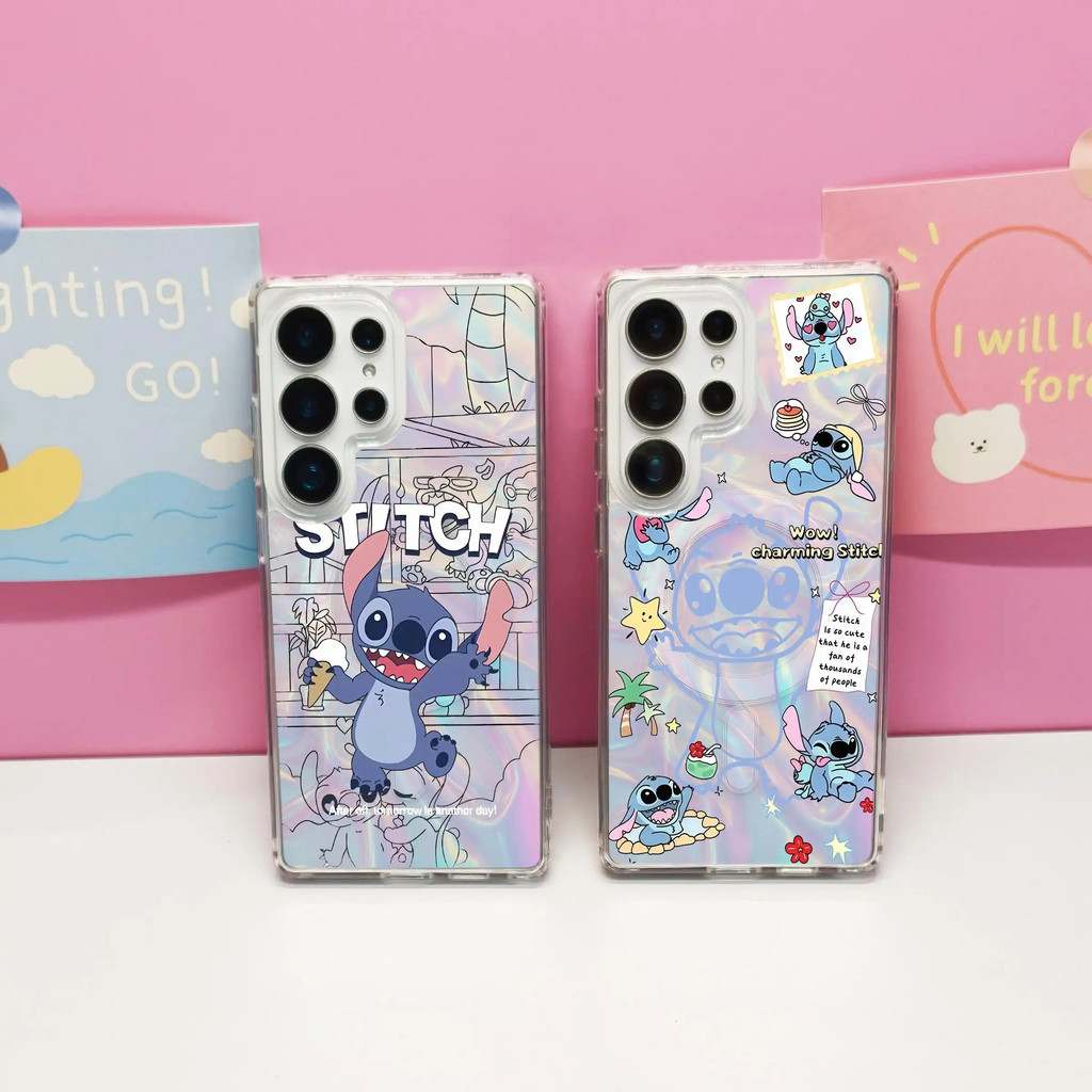 สําหรับSamsung s26 Ultra S25 FE S25 UltraกรณีS24 Ultra S24 FEน่ารักการ์ตูนA56 17 16 15 14 13 12 pro Maxแม่เหล็กS23 Hard rippleโปร่งใสStitchสีฟ้า