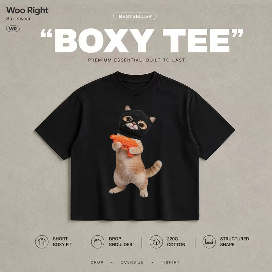 COD จัดส่งตลอด 24 ชั่วโมง Woo Right Boxy crop tee เสื้อยืดผู้ชาย oversize เสื้อแฟชั่นสีดำ ทรงสั้น เสื้อแฟชั่น ใส่สบาย