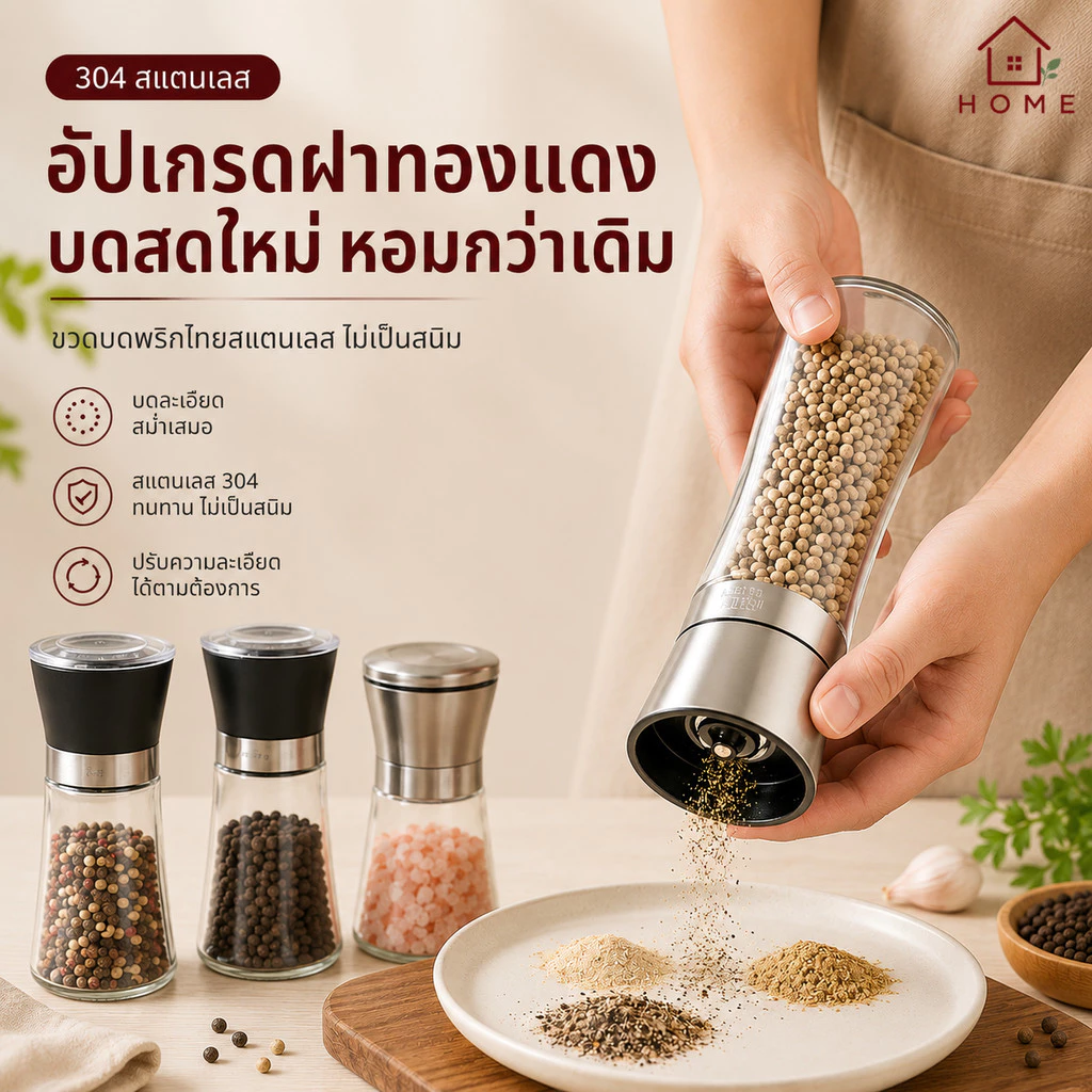 Home007 ที่บดพริกไทย ขวดบดพริกไทย เกลือ เครื่องเทศ ขวดแก้วอย่างดี ฝาพลาสติก พร้อมฝาปิด ไม่เป็นสนิม ไร้สารตะกั่ว