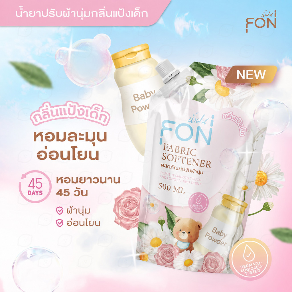 ยกลัง NamFon น้ำยาปรับผ้านุ่ม กลิ่นแป้งเด็ก 500มลสูตรกลิ่นน้ำหอมพรีเมียม หอมติดทนนาน ช่วยให้ผ้านุ่มฟูและมีกลิ่นหอมยาวนาน