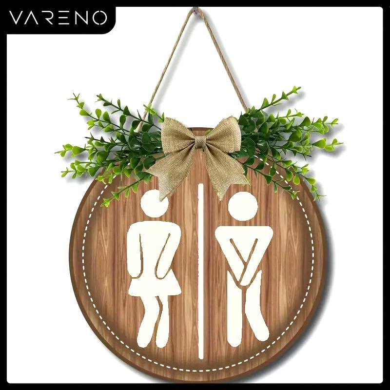 Vareno พวงหรีดแบบเรียบง่ายป้ายไม้ตกแต่งผนังกระดานกลมป้ายแขวนประตูซักรีดป้ายห้องน้ำใช้ได้ทั้งชายและหญิงตกแต่งห้องน้ำตลก