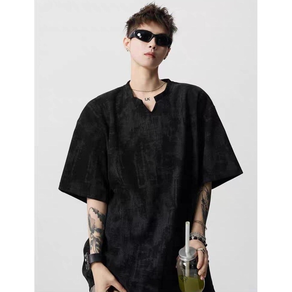 MNO.9 Henley Shirt DX22 เสื้อยืด Oversize แขนสั้น ผ้าร่อง คอHenley เสื้อยืดชาย เสื้อยืดแขนสั้น สไตล์