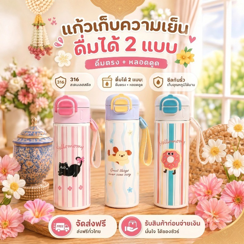 COD แก้วน้ำเด็กไปโรงเรียน 500 ml วัสดุสแตนเลสเกรด316 ทรงเยติฝาหลอดเด้ง รักษาความเย็นได้ยาว