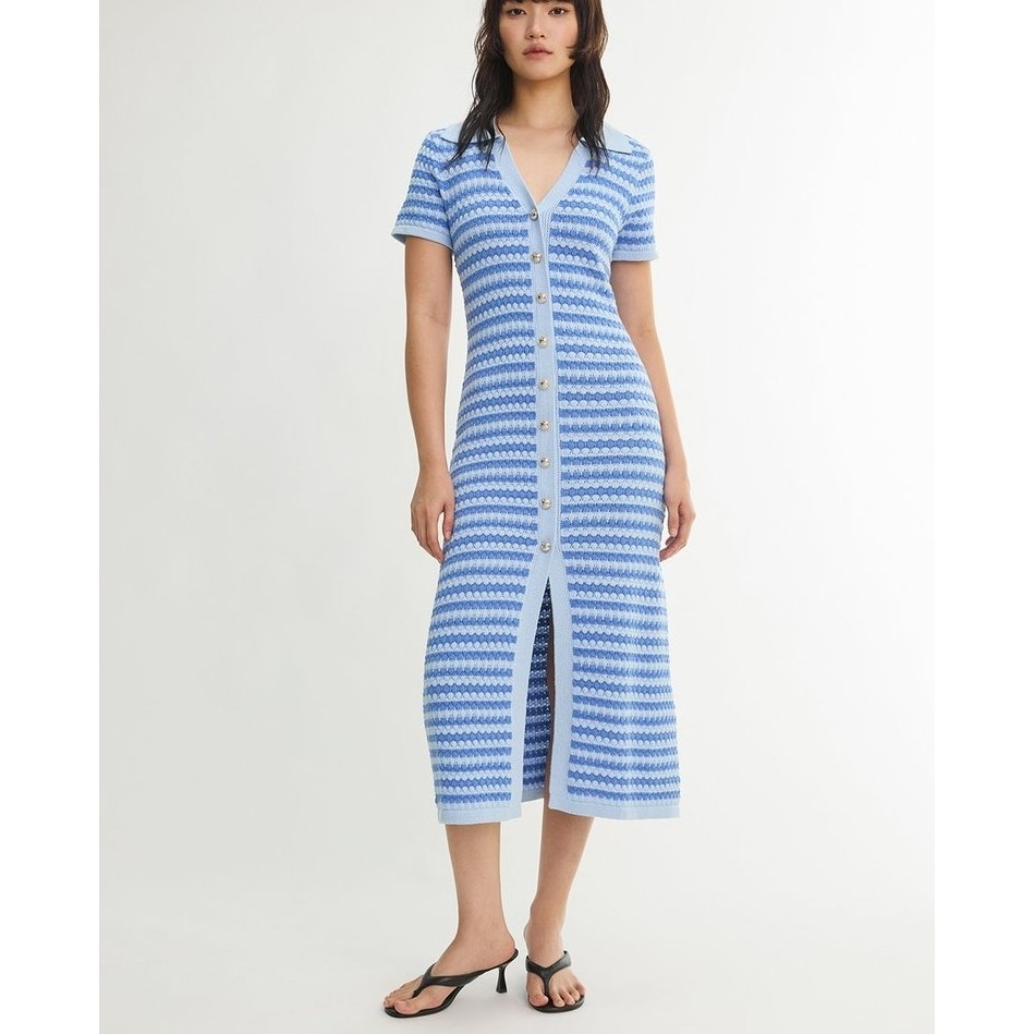 [Pomelo] เดรสยาวทรงโปโลผ้าถักลายติดกระดุมด้านหน้า / Striped Button Front Knit Polo Midi Dress