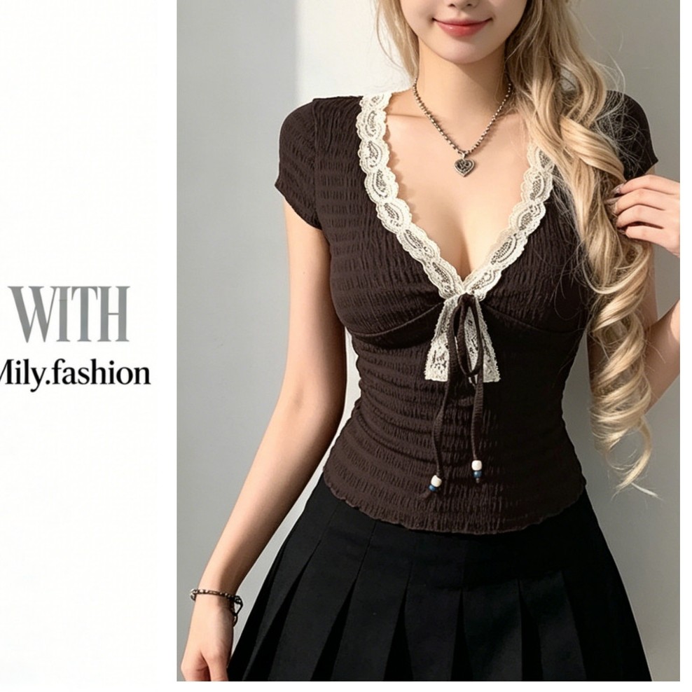 Milyfashion Pure Desire V คอลูกไม้เย็บ Contrast สี Laced-Up เสื้อยืด Retro Slimmer ดูสั้น baby tee G