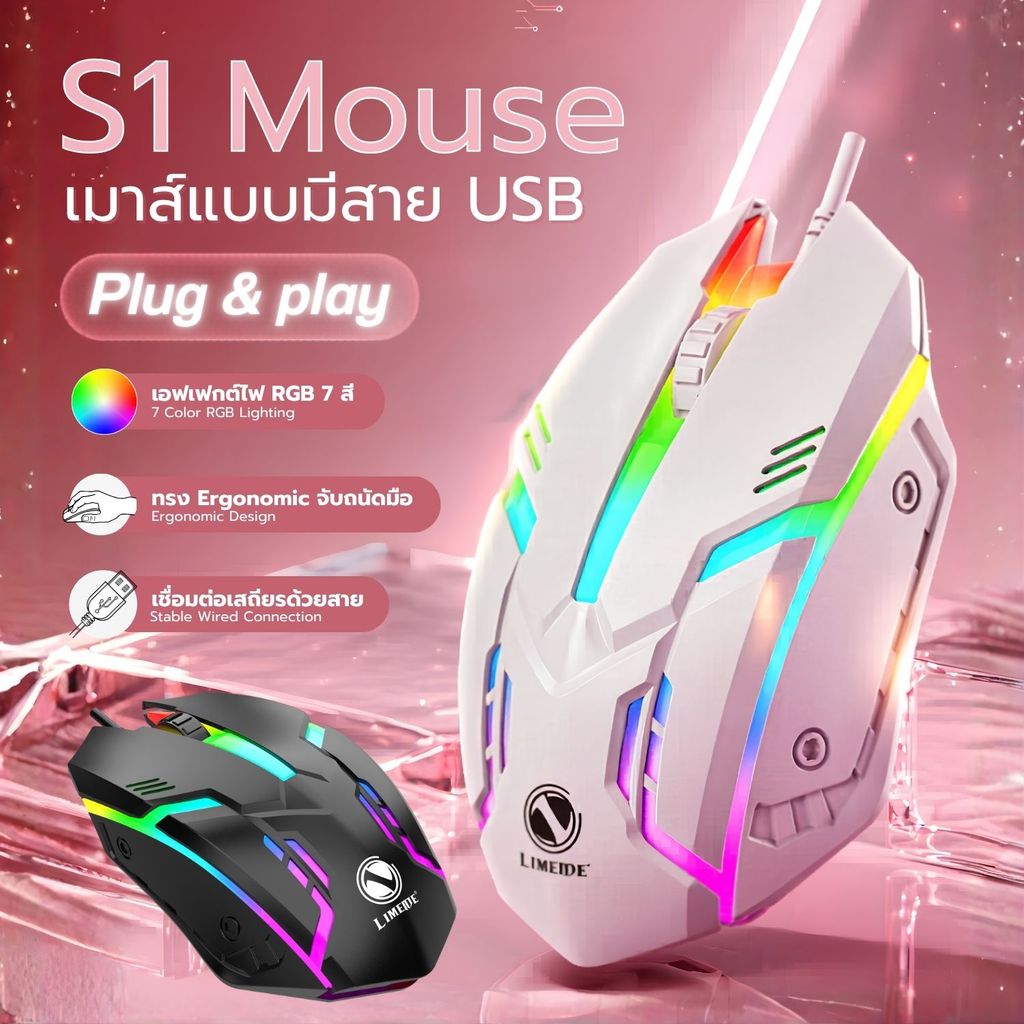 Sydney เมาส์สายยูเอสบี Wired mouse รุ่น S1 ไฟ RGB 1200 DPI เมาส์ทำงาน เล่นเกม เสียบใช้ได้ทันที รองรับคอม โน้ตบุ๊ก