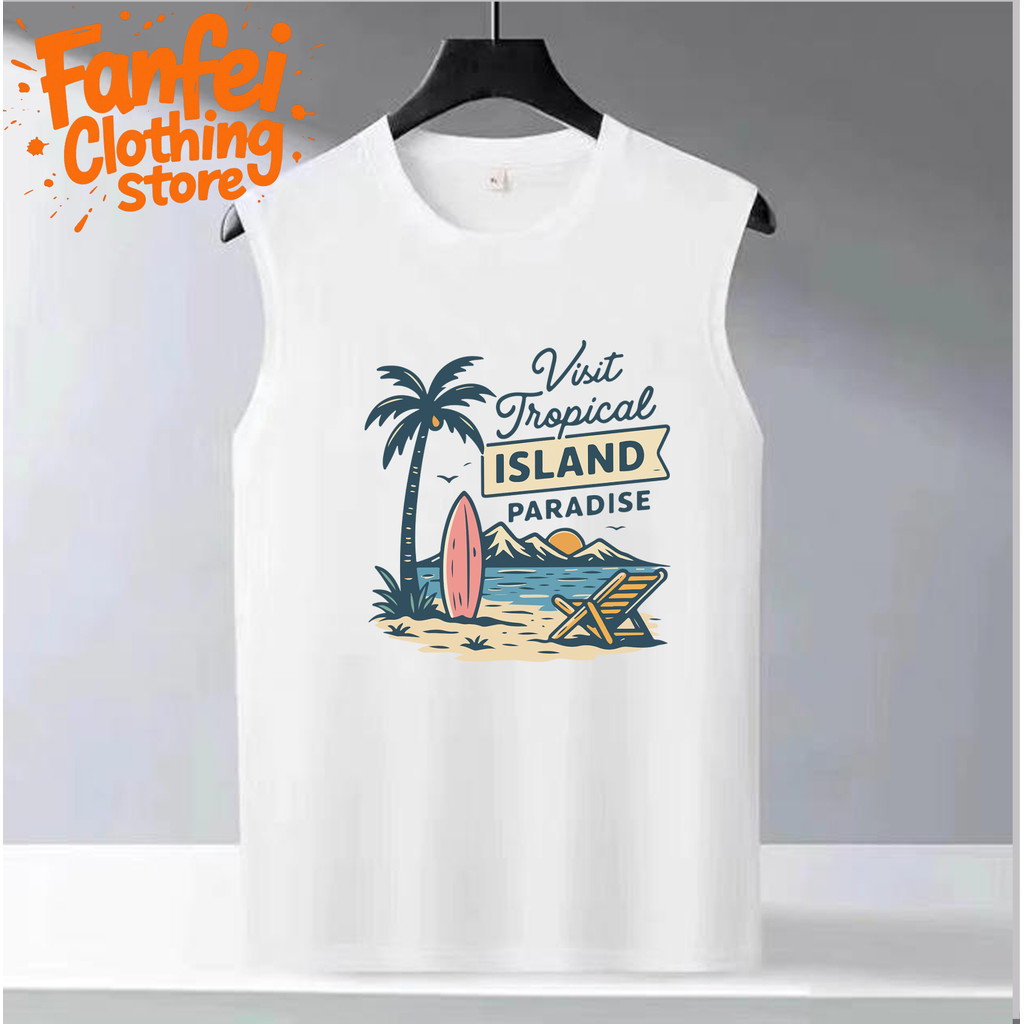 COD จัดส่งตลอด 24 ชั่วโมง Fanfeiเสื้อกล้ามผู้ชาย Oversize ลายชายหาดปาล์มกระดานโต้คลื่นเสื้อกล้ามแฟชั