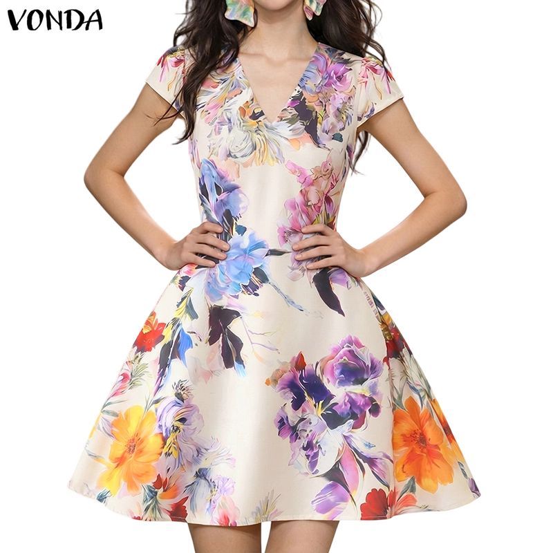 VONDA ผู้หญิงเกาหลี Elegant โรแมนติกปาร์ตี้ V คอ Fly Sleeve พิมพ์ลายดอกไม้ Flare A-Line Dresses