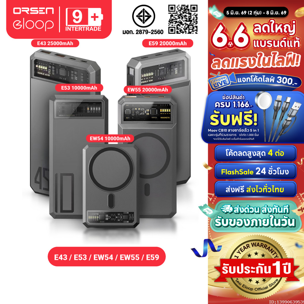 [ส่งไว] Orsen by Eloop E53 E59 EW54 EW55 E43 MagCharge แบตสำรอง ไร้สาย ชาร์จเร็ว PD 20W 45W PPS QC3.0
