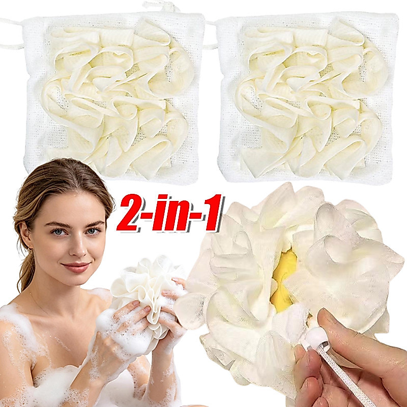 กระเป๋าใส่สบู่ 2-in-1 - ใยบวบอาบน้ําขัดผิว - ฟองน้ําตาข่ายแบบใช้ซ้ําได้พร้อมเชือกรูดปิดสําหรับอาบน้ํา