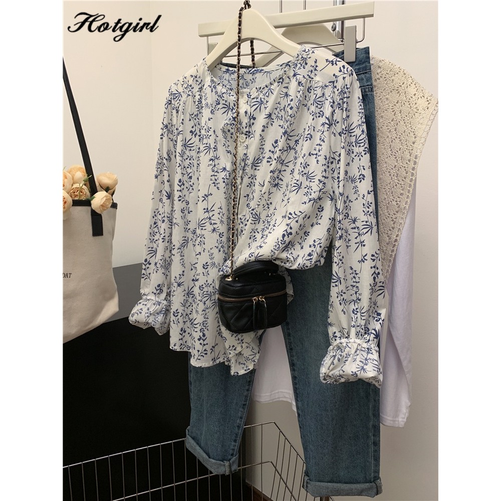 Hotgirl พร้อมส่ง เสื้อเชิ้ตแขนยาวสไตล์เรโทรสำหรับผู้หญิงรุ่นใหม่ ลวดลายดอกไม้ ทรงหลวม เนื้อผ้าบางใส่สบาย