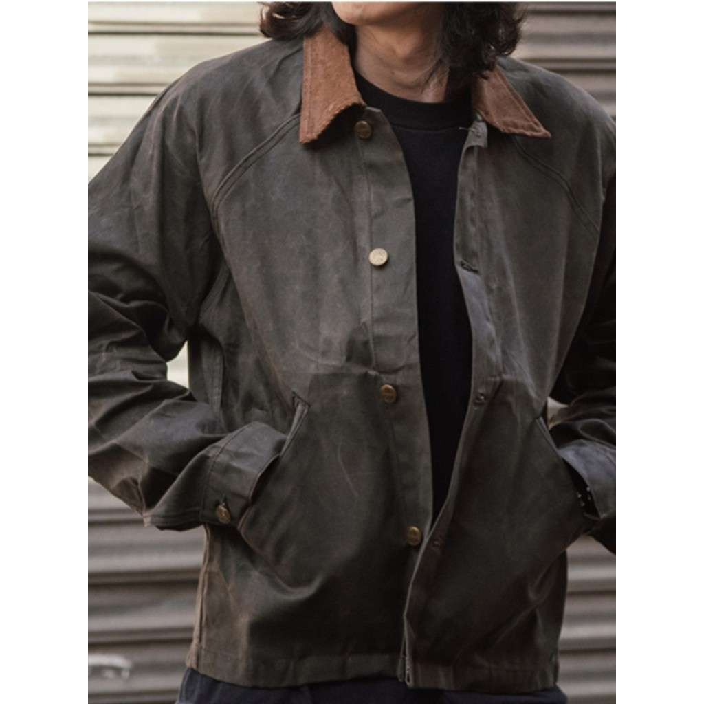 American Retro Canvas Heavy Oil Wax Jacket Men Ami Khaji Machine Corduroy Collar Motorcycle Windproo