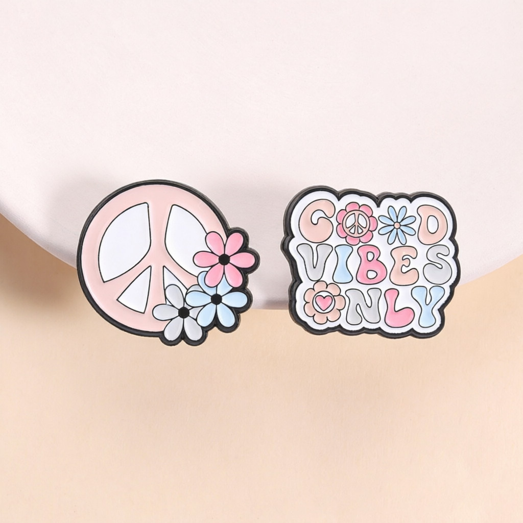 Retro Hippie Peace สัญลักษณ์ดอกไม้ Lapel Pin "Good Vibes เท่านั้น" เข็มกลัดเคลือบสําหรับเสื้อผ้ากระเป๋าเป้สะพายหลัง Positive ข้อความอุปกรณ์เสริมของขวัญ