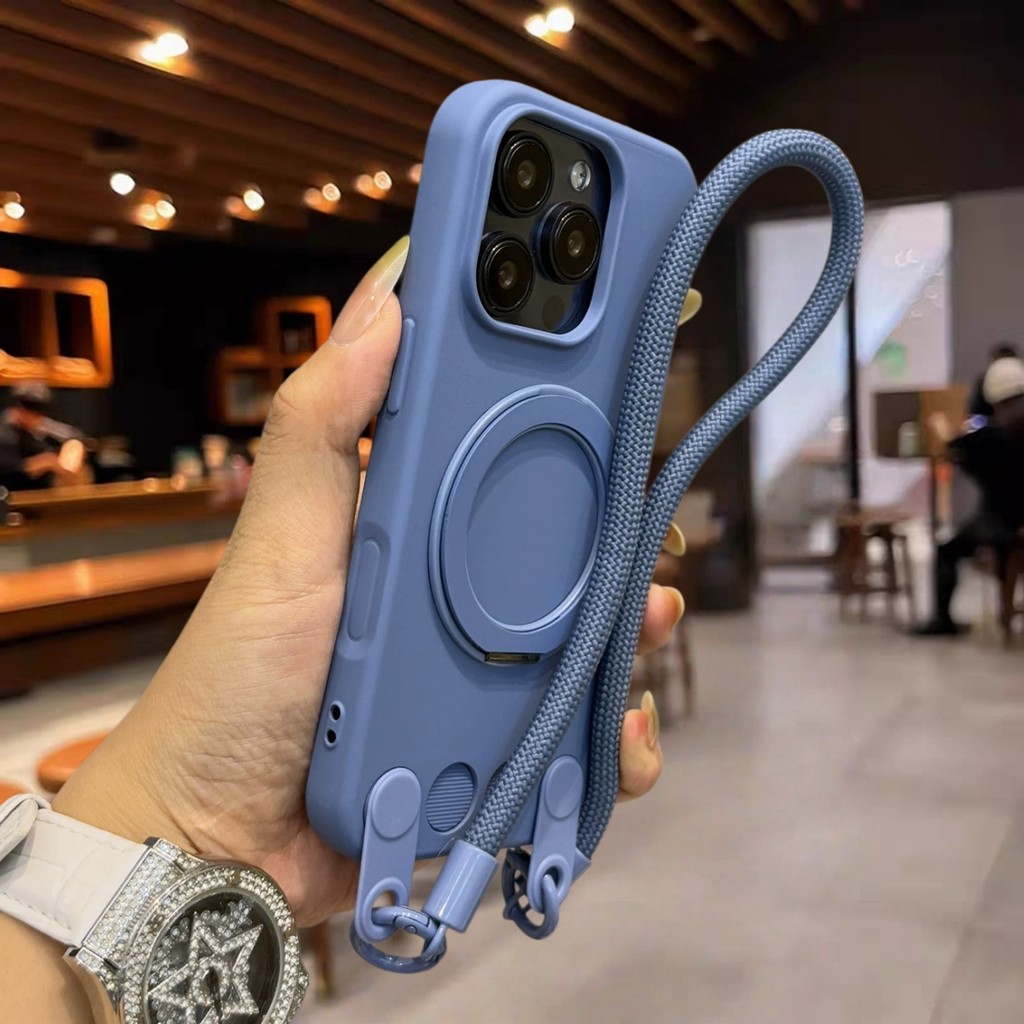 เคสขายดี เคสโทรศัพท์ Deep Blue Skin-Feel Polka Dot พร้อม 360° ขาตั้งและสายรัดข้อมือแบบสั้นสําหรับเคส iPhone 17 16 15 14 13 Pro max