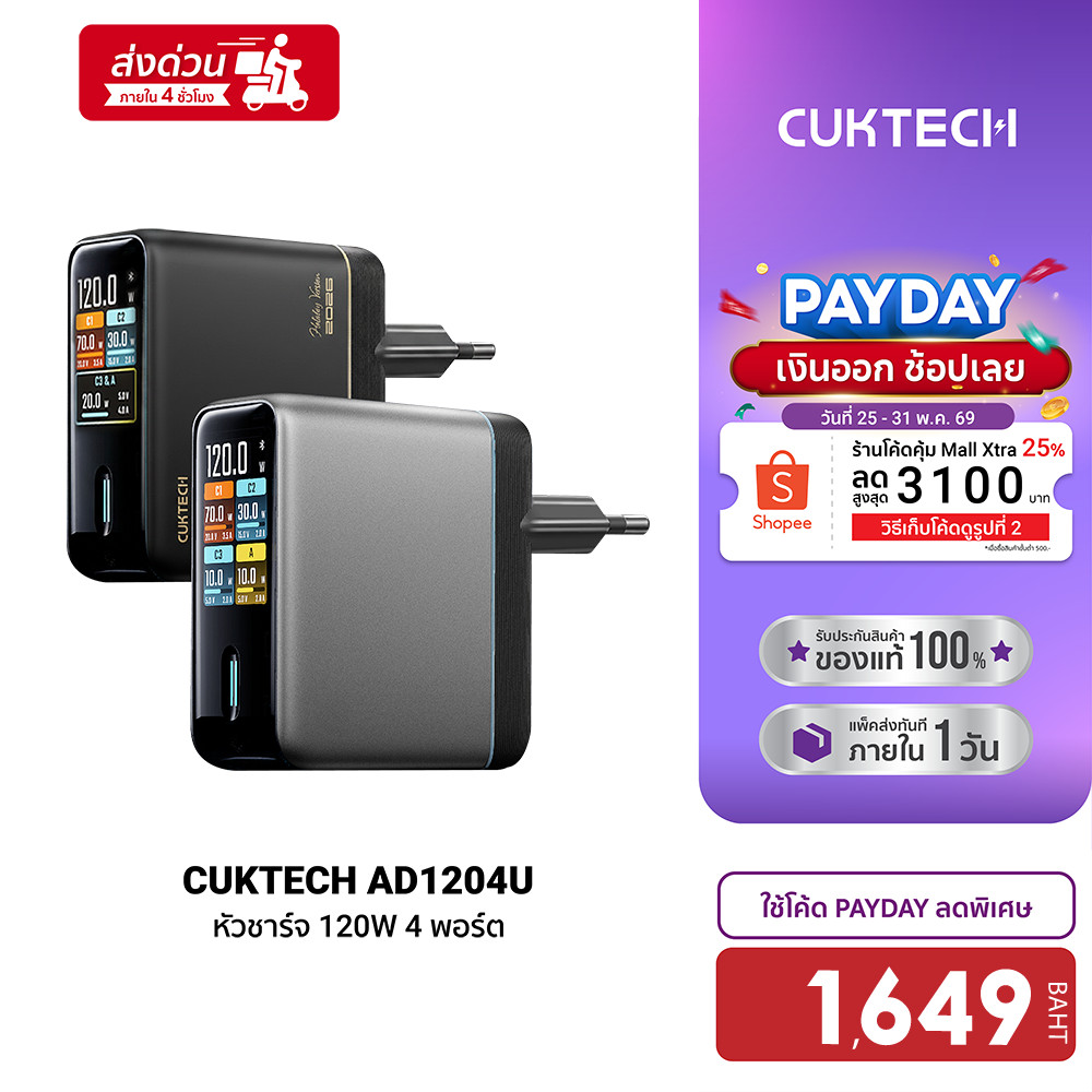 [ลดเหลือ 1649] CUKTECH AD1204U หัวชาร์จ 120W 4 พอร์ต เชื่อมต่อแอป Xiaomi Home หน้าจอ TFT -2Y