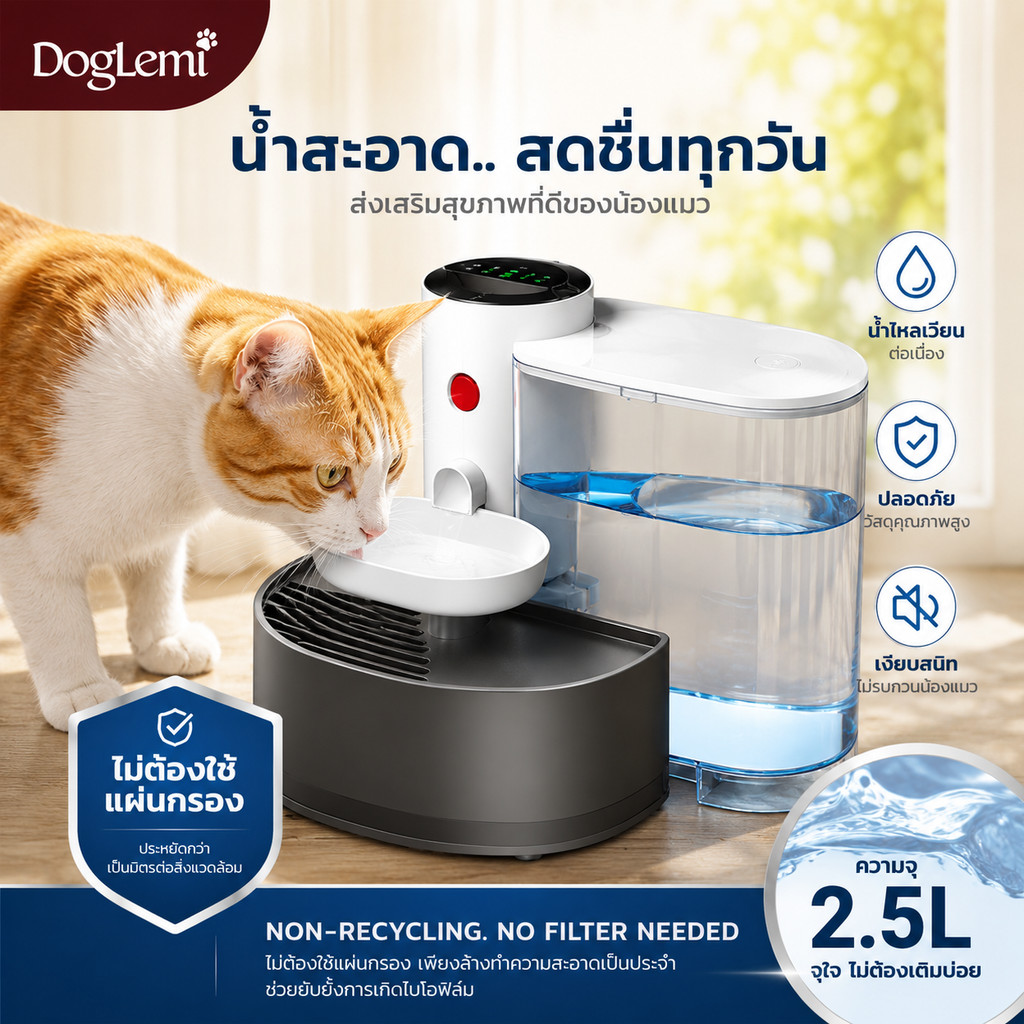 【Doglemi】Pet Water Fountain 3.5L เครื่องให้น้ำแมวอัตโนมัติ เติมน้ำต่อเนื่อง ไม่ใช้ฟิลเตอร์ เสียงเบา ประหยัดไฟ