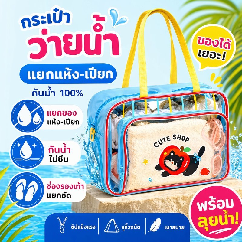 กระเป๋าว่ายน้ำ กันน้ำ แยกเปียกแห้ง ช่องรองเท้า กระเป๋าเดินทาง ลายการ์ตูน น่ารัก สะพายไหล่