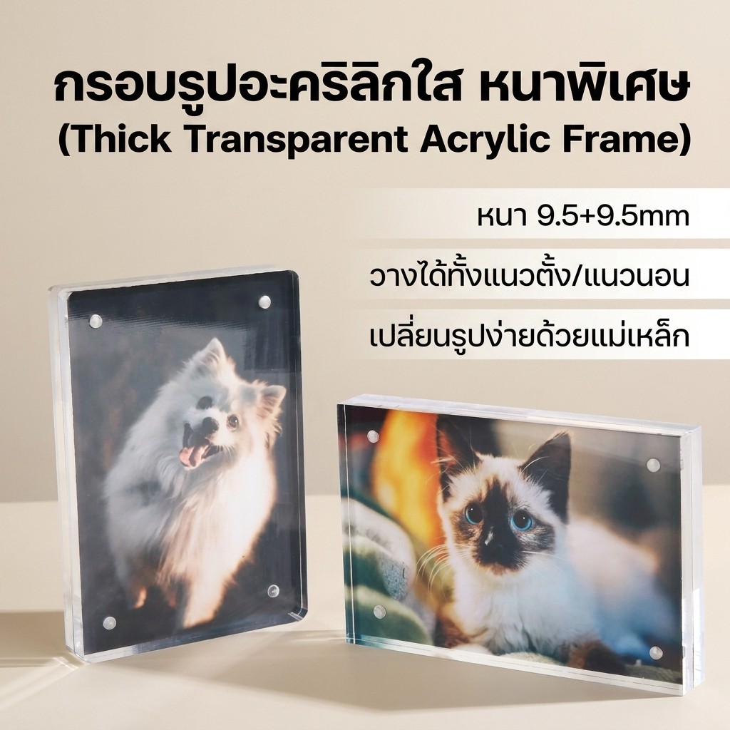 กรอบรูปอะคริลิค หนา(10mm+10mm) แบบฝังแม่เหล็ก ใส2ด้าน ตั้งได้มั่นคง ใส สำหรับวางกรอบรูป
