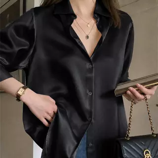(D-018) Satin Shirt เสื้อเชิ้ต ผ้าซาติน แฟชั่น ผู้หญิง แขนยาว ทรงสวย เรียบหรู ใส่ทำงาน เที่ยว คาเฟ่ Fashion