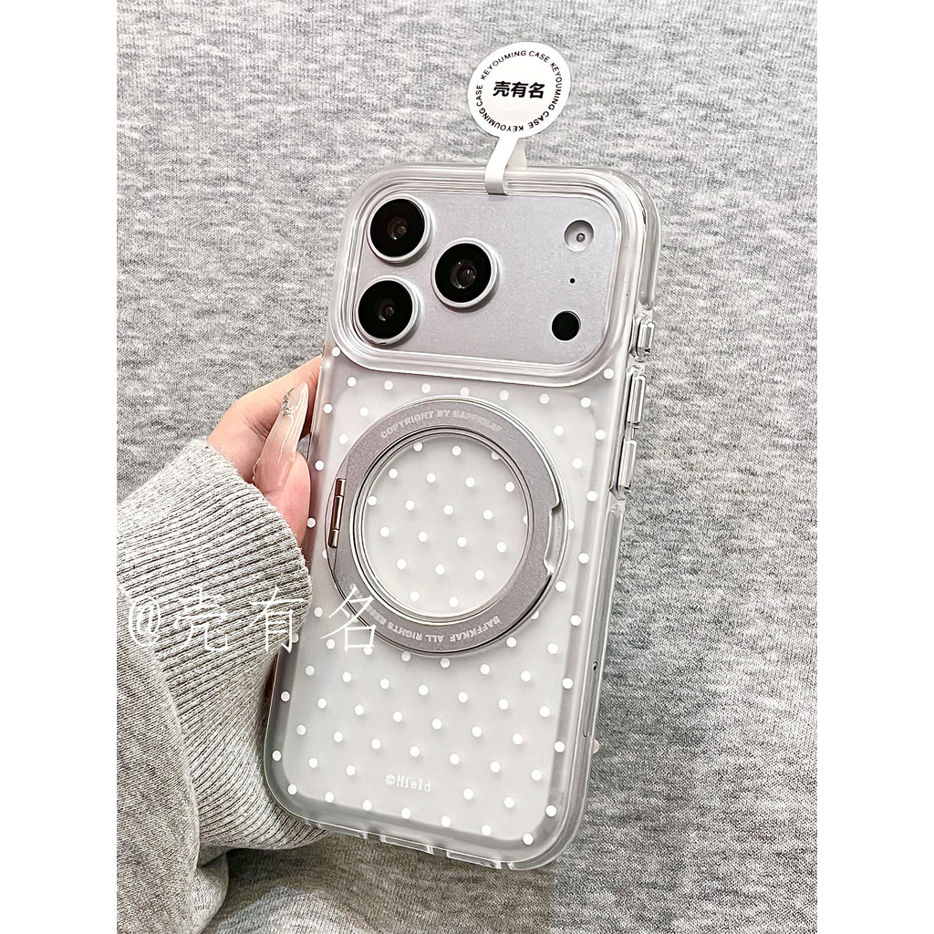 เคสโทรศัพท์สีขาวใส Polka Dot 360 หมุนขาตั้ง Matte กันกระแทกสไตล์มินิมอลสําหรับ iPhone 17 Pro Max 16 Pro Max 15 Pro Max 14 Pro Max