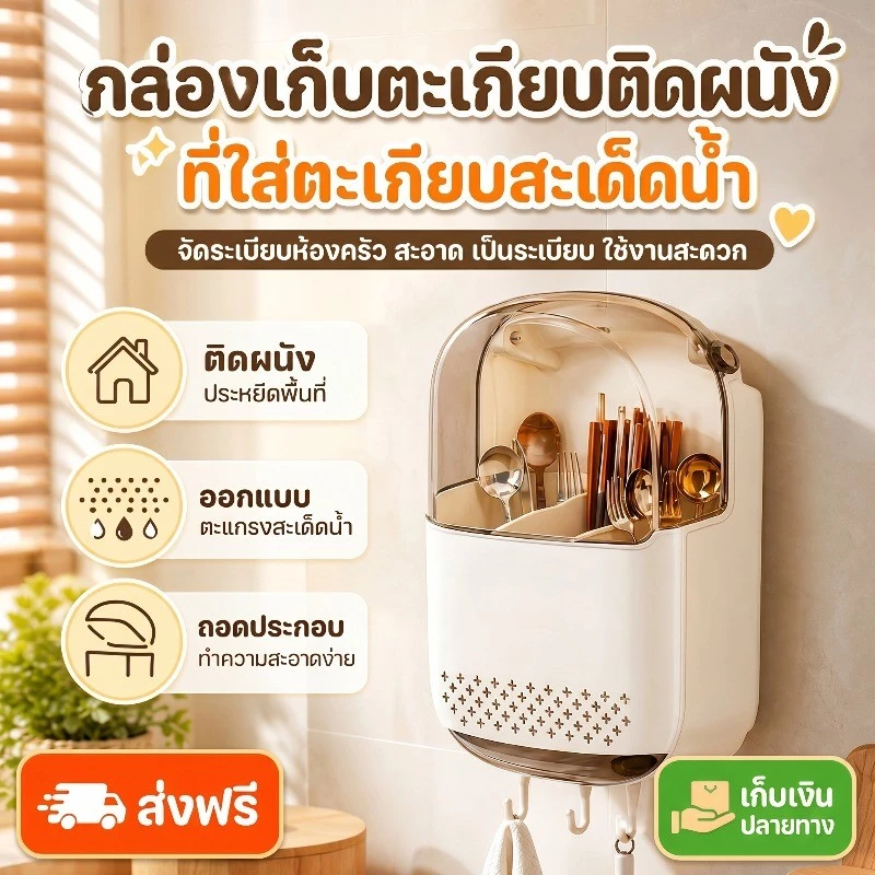 ที่ใส่ตะเกียบ ที่ใส่ช้อนส้อม แบบมีฝาปิด สีครีมน่ารัก มีฝาปิด ระบายน้ำ ป้องกันฝุ่น กันแมลง ติดผนังได้