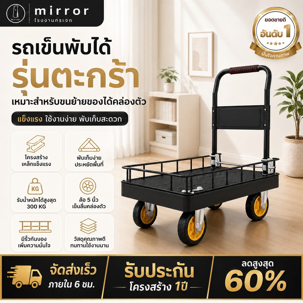 รถเข็นพื้นพลาสติก 4 ล้อ พับได้ มีรั้วกั้นรอบคัน ล้อ 5 นิ้ว รับ 300kg รถเข็นของส่งของ