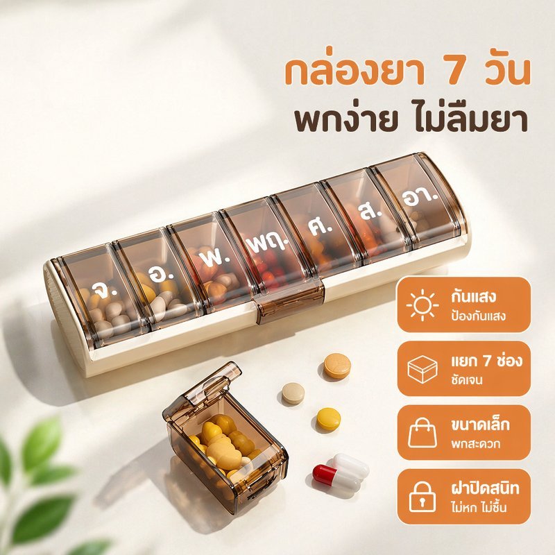 แบ่งกล่องยา 7 ช่อง วัสดุ ABS PP ซิลิโคน ป้องกันฝุ่นชื้น พกพาสะดวก จัดระเบียบยา สีหลากหลาย