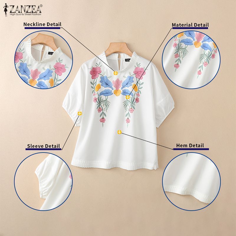 ZANZEA เสื้อเบลาส์ลายดอกไม้แขนพัฟแขนสั้นพิมพ์ลายเกาหลีสําหรับผู้หญิง — صورة 7