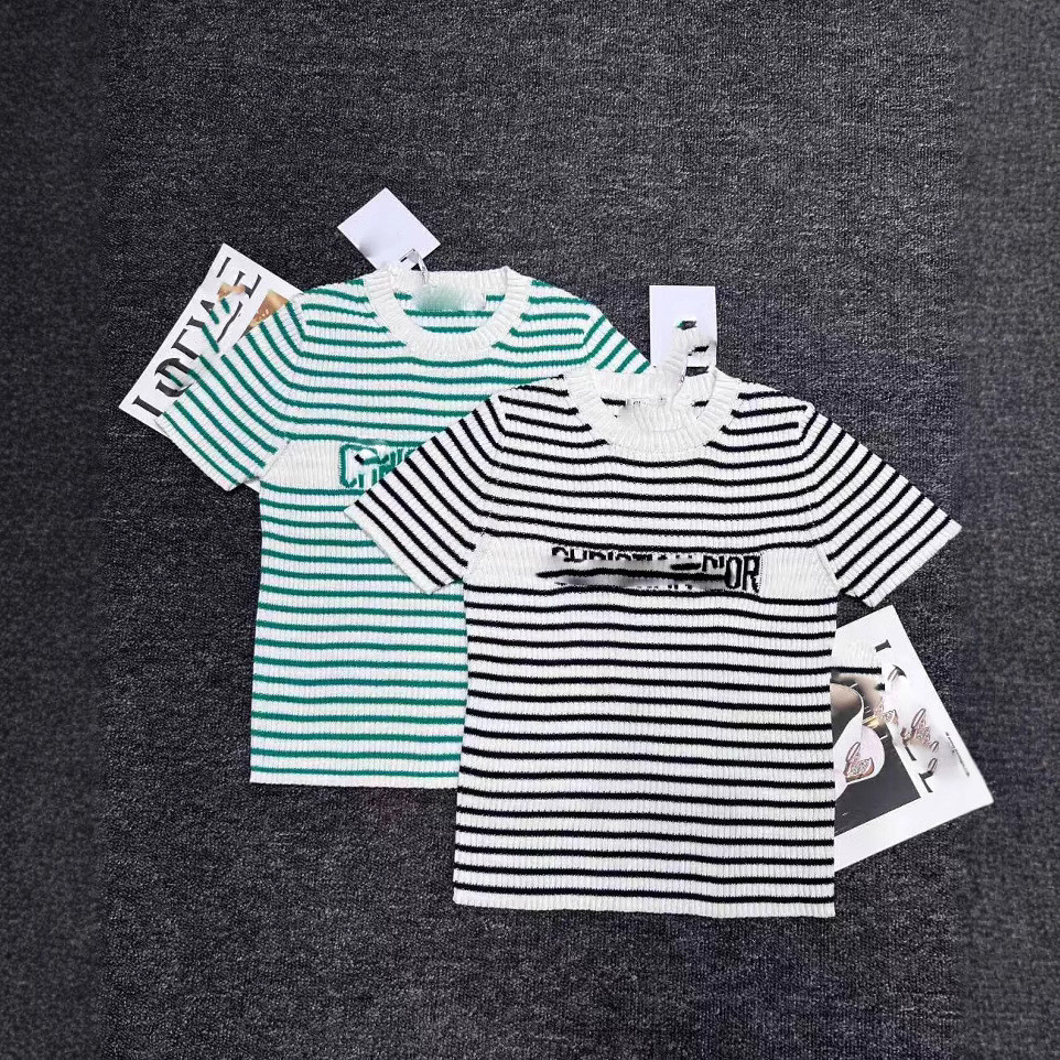 A7J2 CD# Round-neck striped jacquard short-sleeve shirt with simple and stylish lettering logo Elega