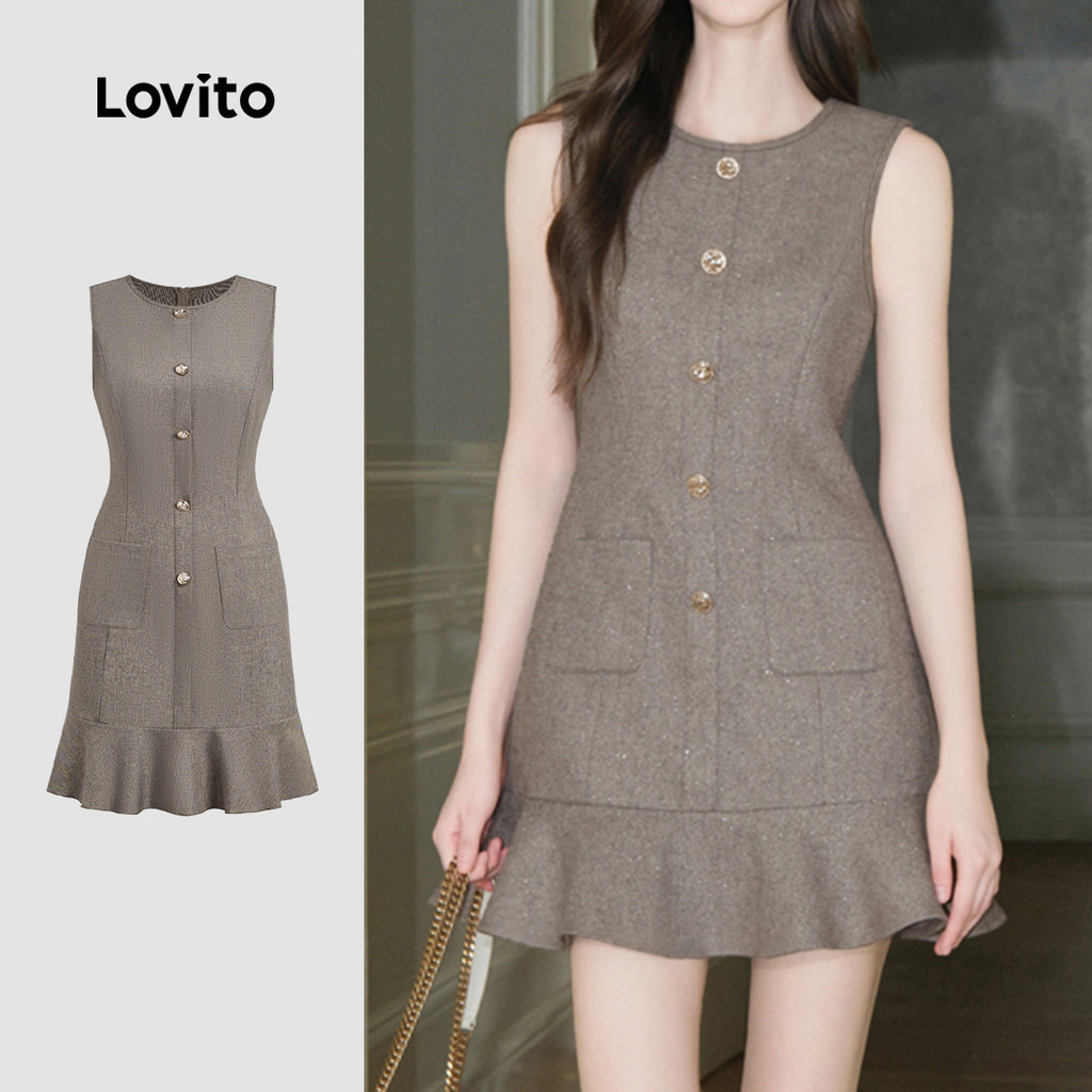 Lovito  เดรสผู้หญิงทรงสง่างาม แต่งระบายกระเป๋า ชายกระโปรง กระดุม สีคากิ L171AD076