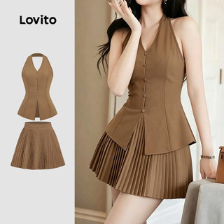 Lovito Women Elegant Tops or Bottoms Button Front Pleated Commute Spring/summer Khaki Top Tops or Bottoms L190ED737