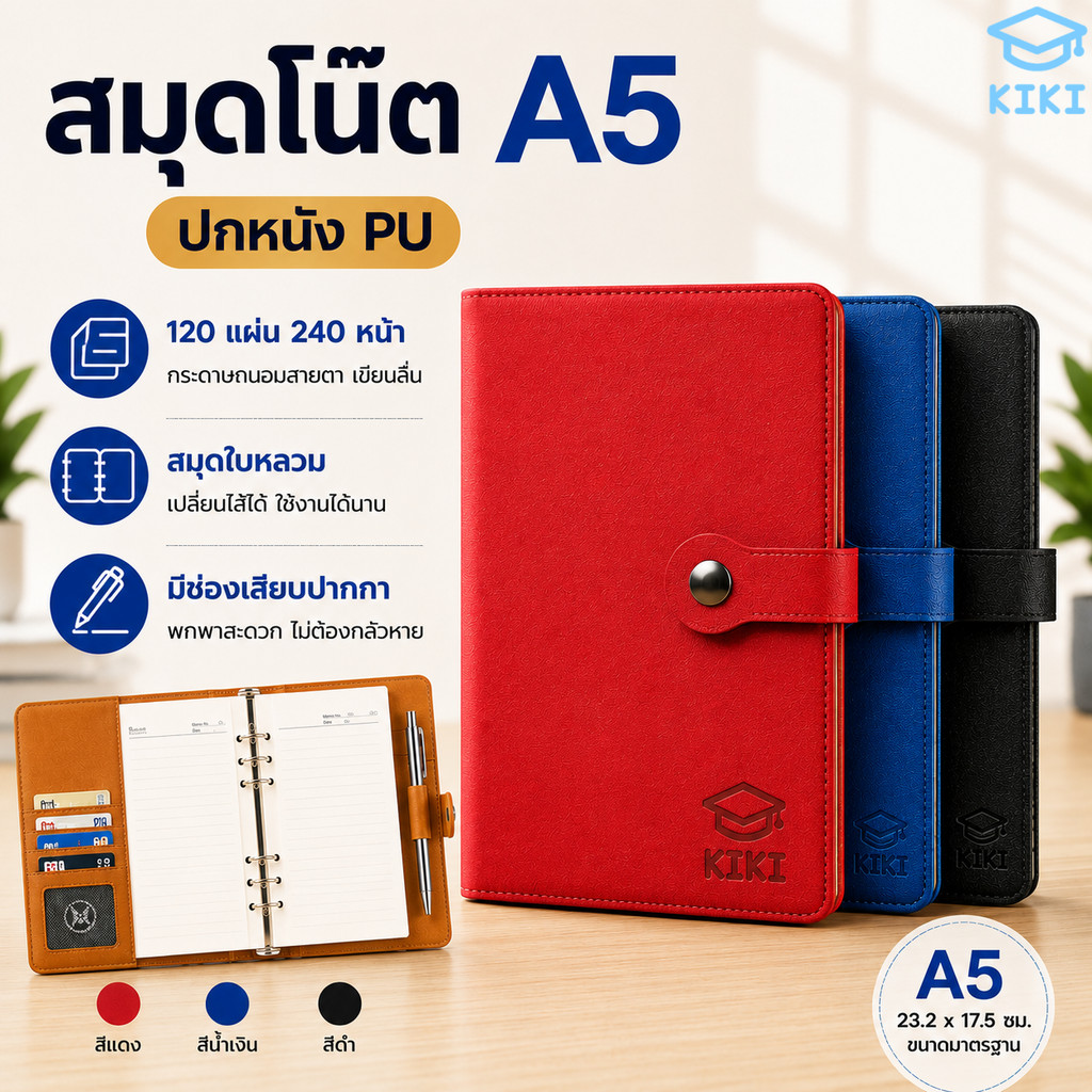 KIKI สมุดโน๊ต A5 ปกหนัง PU สมุดบันทึก สมุดใบหลวม 120 แผ่น 240 หน้า เปลี่ยนไส้ได้ สมุดจดบันทึก Notebook Journal