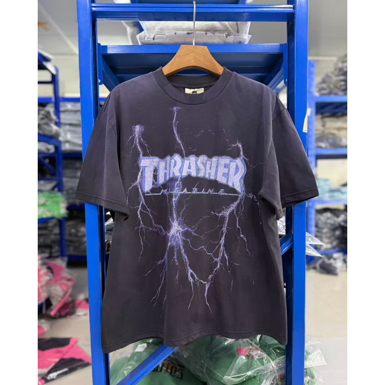 ❤  ❀ [สปอต]  ❤❤🆕 High Street ใหม่หลวม Lightning พิมพ์ล้างครึ่งแขน Retro สไตล์กราฟิกเสื้อยืดแขนสั้น